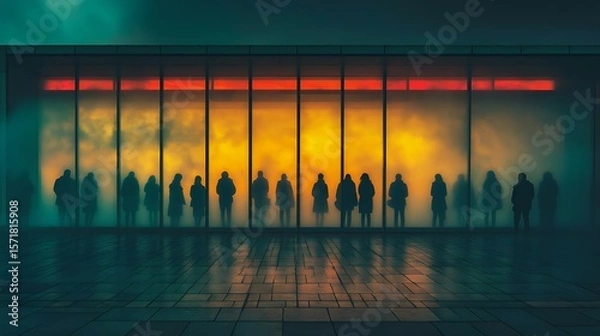 Obraz Silhouettes of people waiting behind a frosted glass wall, illuminated by soft colorful lighting. An urban atmospheric scene full of mystery.