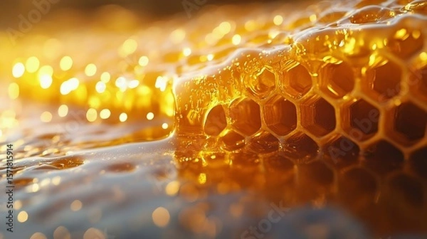 Obraz Close-up of golden honeycomb drizzled with golden honey, showcasing the beautiful texture and shine, illuminated by soft light.