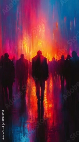 Obraz A vibrant abstract scene depicting silhouetted figures walking through a colorful urban environment with bright hues of pink, blue, and orange.