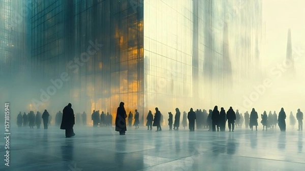 Obraz A misty urban scene with silhouettes walking near modern buildings, creating a mysterious and atmospheric ambiance that evokes contemplation.