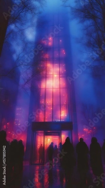Obraz Eerie night scene showcasing a glowing glass building amidst fog, with silhouetted figures gathered below. Urban foggy atmosphere at night.