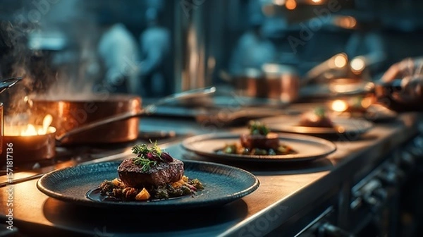 Obraz Restaurant dinner plates with food Restaurant dinner plates with food