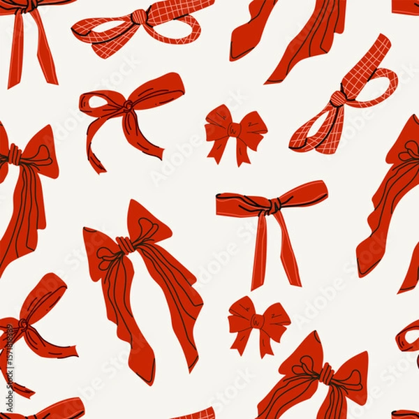 Fototapeta Christmas pattern with bow in cartoon style. Simple decorative bow. Red bow for presents wrapping elements isolated. Gift birthday Valentine`s xmas March 8 sale decor Poster, greeting card, invitation