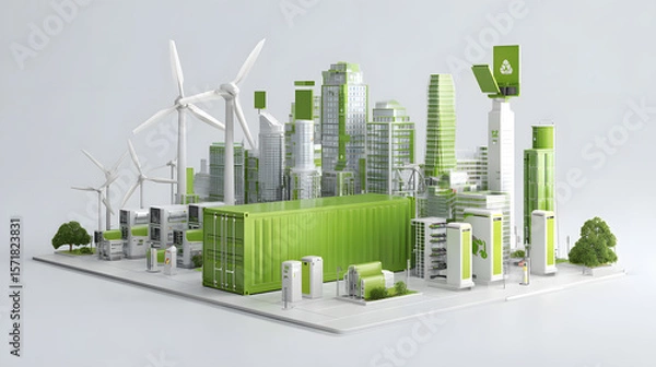 Fototapeta A 3D rendering of a sustainable green city with modern buildings, wind turbines, and eco-friendly infrastructure on a white background.