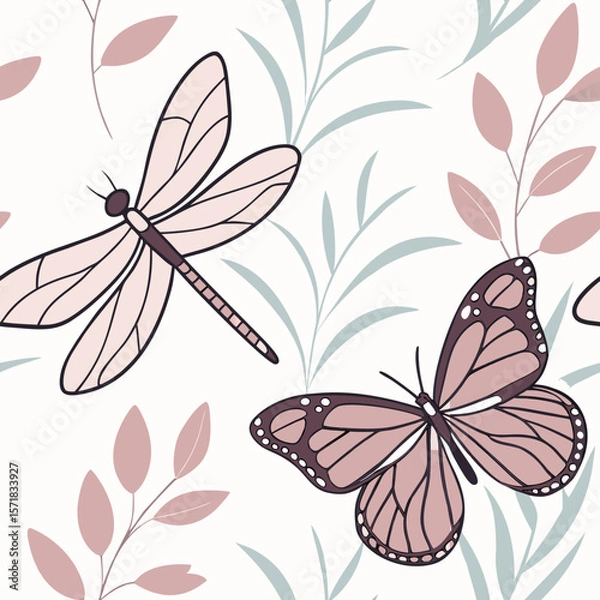 Fototapeta Soft Botanical Butterflies and Dragonflies Pattern:
Chic seamless pattern with butterflies, and dragonflies in gentle pastel hues. Perfect for textiles, stationery, and spring-inspired branding.