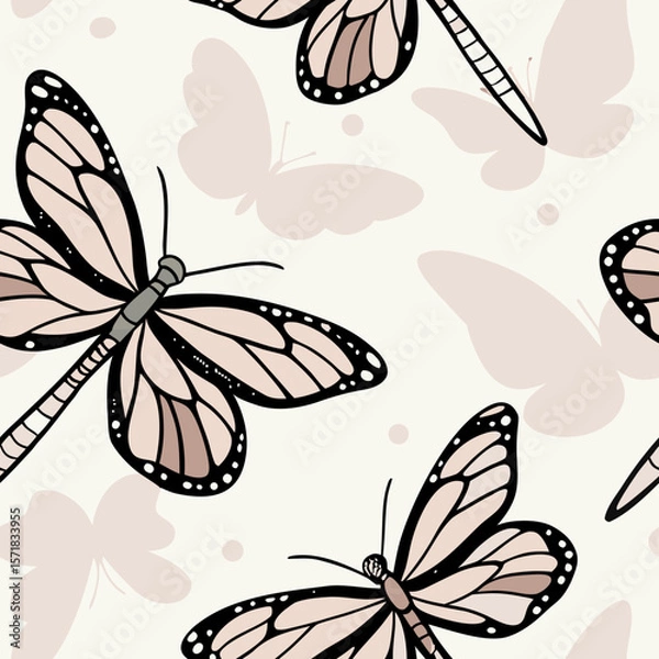 Fototapeta Dragonflies and Butterflies:
Minimal seamless pattern with dragonflies and butterflies outlined in soft pastel colors. Ideal for gentle kids’ decor, fabrics, and nature-inspired branding.