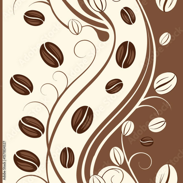 Fototapeta Coffee Beans and Steam Swirls: Elegant seamless pattern featuring coffee beans, swirling steam, and coffee cups in warm browns. Ideal for cafe branding, packaging, menu backgrounds, and kitchen decor.