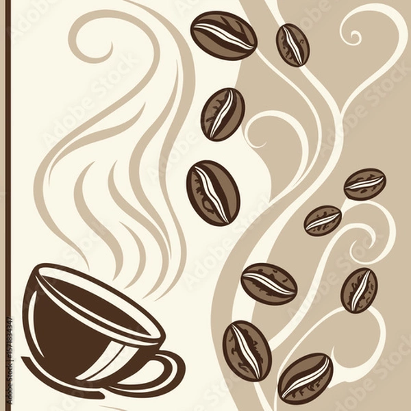 Fototapeta A seamless repeating pattern of warm brown coffee beans and swirling steam on a cream background, ideal for cafe branding, kitchen decor, and coffee-themed packaging.