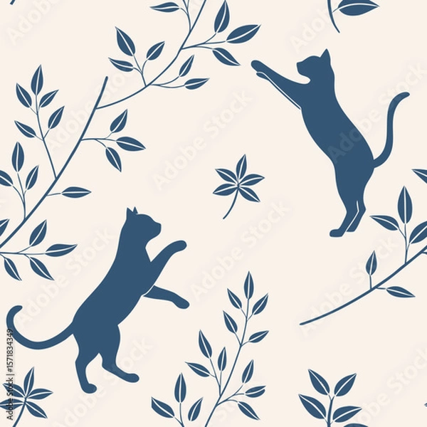Fototapeta eamless Minimalist Cat Silhouette Pattern – Playful Modern Blue: minimalist pattern of playful blue cat silhouettes and botanical branches, perfect for modern home decor, textiles, and cat lover gifts