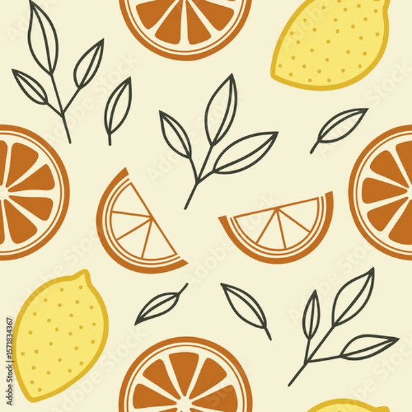 Fototapeta A seamless retro-inspired fruit pattern featuring lemons, orange slices, and leaves, perfect for kitchen textiles, summer products, and fresh, cheerful backgrounds.