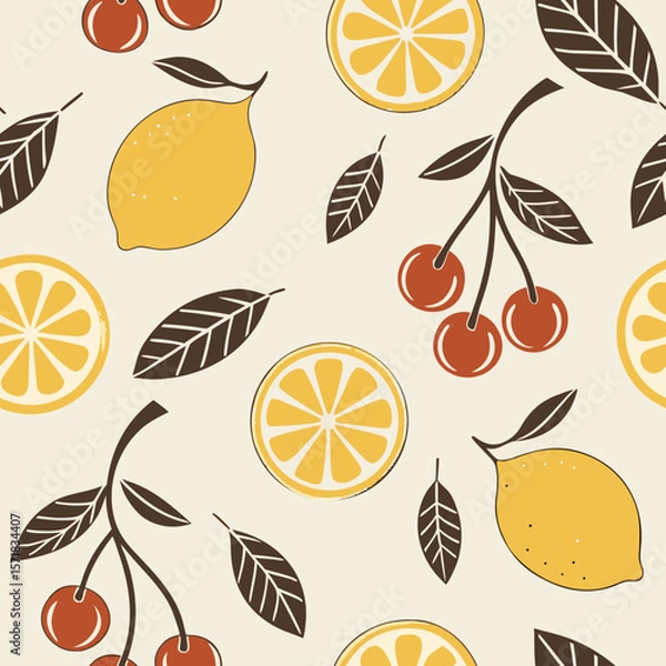 Fototapeta Seamless Retro Fruit Pattern: A seamless retro fruit pattern with lemons, cherries, citrus slices, and leaves, ideal for vintage-inspired kitchen decor, textiles, and summer-themed designs.