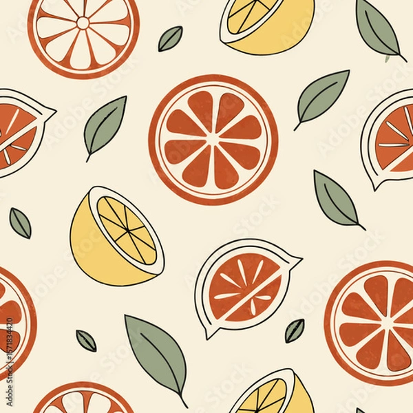 Fototapeta A seamless retro citrus pattern with orange and lemon slices and green leaves, ideal for kitchen textiles, fresh summer decor, and cheerful backgrounds.