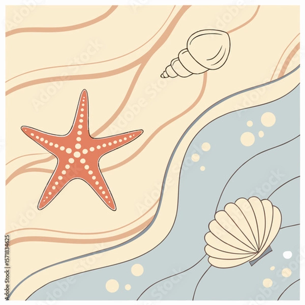 Fototapeta Playful seamless pattern featuring starfish, seashells, waves, and sand in soft summer colors. Ideal for beach-themed designs, fabrics, and packaging.