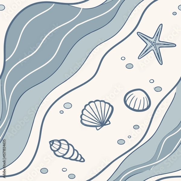 Fototapeta Minimal seamless pattern in blue and white, featuring hand-drawn waves, starfish, and shells. Great for modern beach decor, packaging, and textiles.