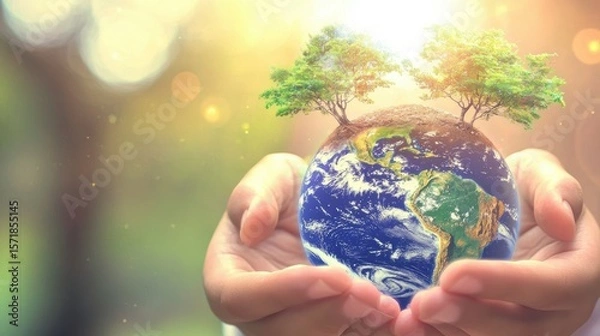 Fototapeta World Environment Day, Hands Cradling A Small Earth With Trees Growing From It Under Soft