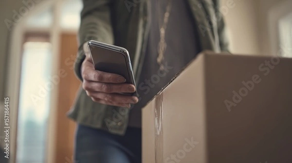 Obraz Business Mobile Payments Cardless Person Holding Smartphone Above Delivery Package at Home Setting