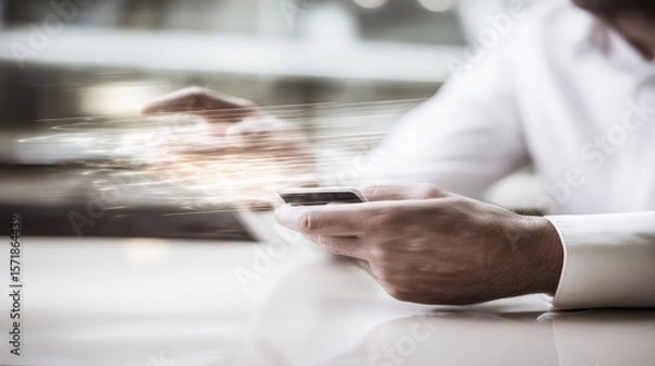 Obraz Business Mobile Payments Cardless Hands using smartphone with magical light effects in cafe setting