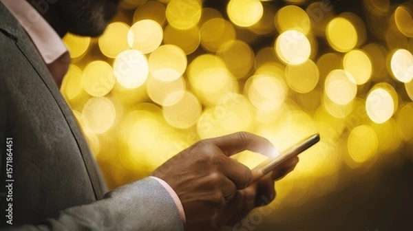 Obraz Business Mobile Payments Cardless Man Using Smartphone Against Bokeh Lights in Evening Setting