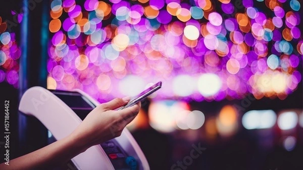 Obraz Business Mobile Payments Cardless Hand Holding Smartphone Against Colorful Blurry Light Background