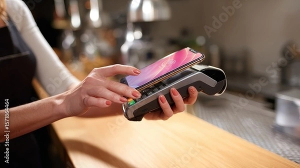 Obraz Business Mobile Payments Cardless Contactless Payment Technology in Modern Cafe Environment