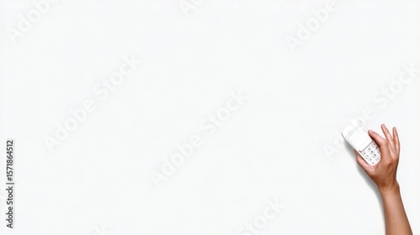 Obraz Business Mobile Payments Cardless Hand Holding a White Mobile Phone Against a Plain White Background