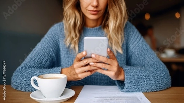 Obraz Business Mobile Payments Cardless Young Woman Using Smartphone While Sitting at Cozy Cafe Table