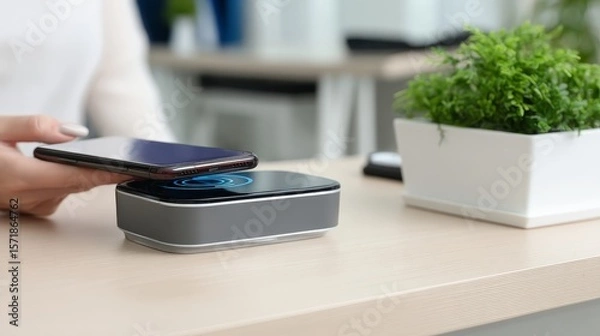 Obraz Business Mobile Payments Cardless Woman Using Wireless Charger for Smartphone on Modern Desk Surface