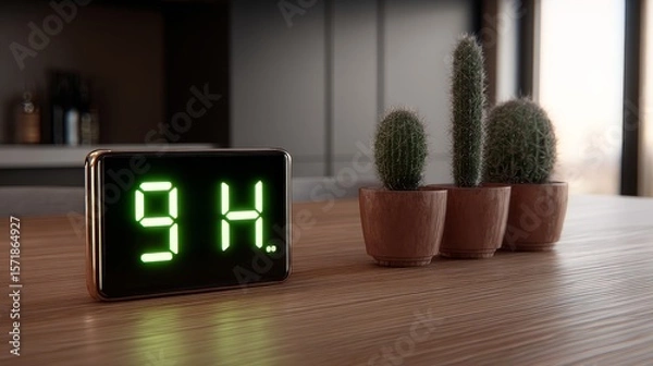 Obraz Business Mobile Payments Cardless Digital Clock on Table with Cactus Plants in Modern Interior Design