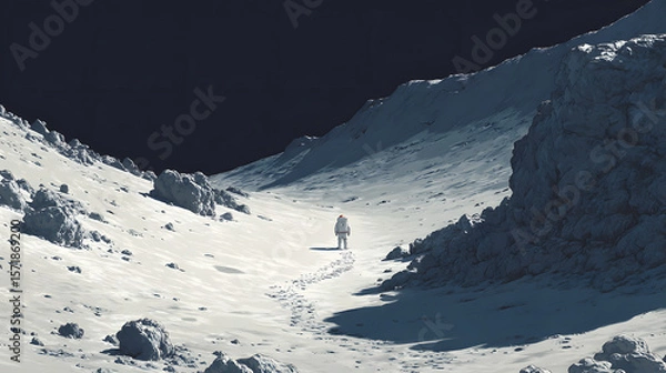 Fototapeta Astronaut traversing a lunar landscape, shadowed craters and rocky terrain.