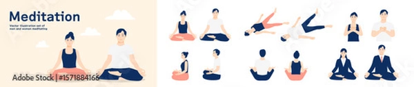 Obraz 瞑想する男女のイラストセット(あぐら、シャバーサナ、深呼吸）