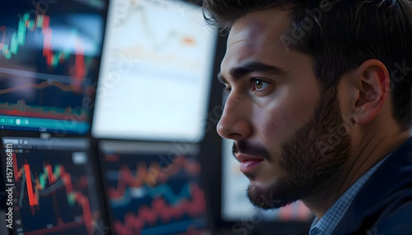 Fototapeta Man closely observing a computer screen while working, analyzing or focusing on digital content in a professional or technical work environment