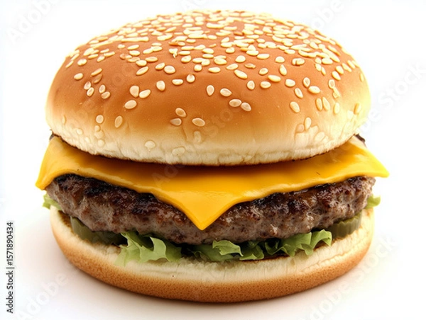 Fototapeta Delicious cheeseburger with lettuce and sesame bun on white background