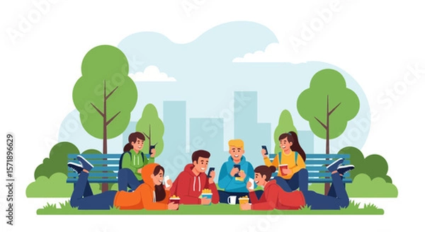 Fototapeta Group Of Young People Relaxing In A Park Using Their Mobile Phones
