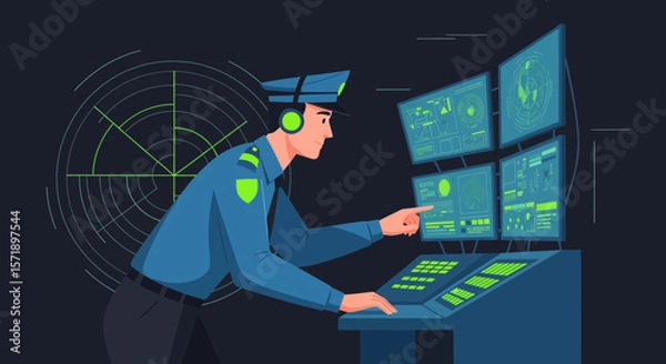 Fototapeta Police Officer Monitoring System With Screens And Radar Illustration
