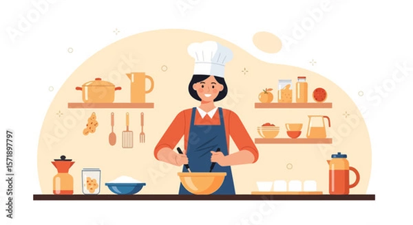 Fototapeta Happy Woman Chef Baking At Home Mixing Ingredients For Delicious Cake