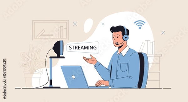 Fototapeta Man Streaming Online Content From Home Using A Webcam And A Laptop