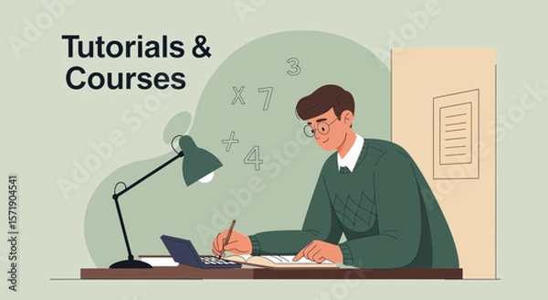 Fototapeta Man Studying Math At His Desk For Learning Platform Or Educational Resources