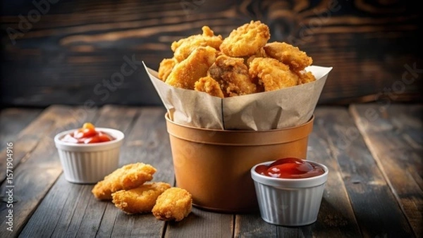 Fototapeta Juicy chicken nuggets piled high in a crinkly paper bucket filled with crispy fried nugget scraps and tangy dipping sauce , snack, paper bucket