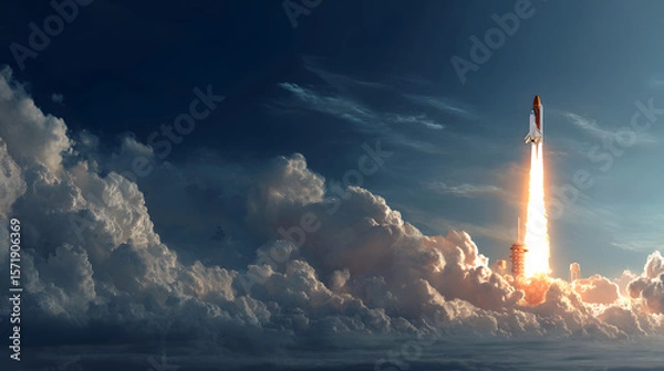 Fototapeta Powerful rocket launch ascending through dramatic cloudscape, fiery exhaust trail visible.