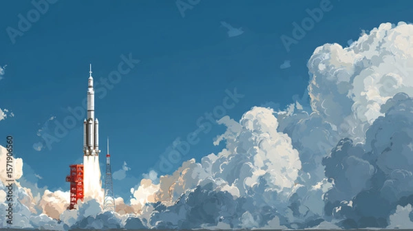 Fototapeta A stylized illustration of a rocket launching into a vibrant blue sky filled with fluffy white clouds.