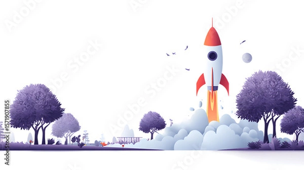 Fototapeta A rocket launches from a park, leaving a trail of smoke and ascending into a clear sky.