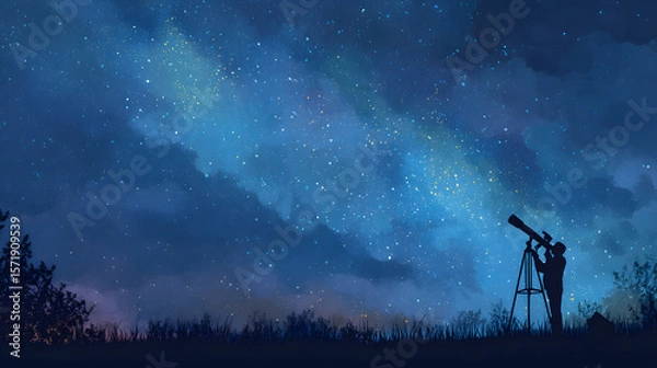 Fototapeta Silhouette of a person observing the starry night sky with a telescope, exploring the cosmos.