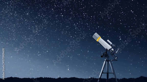 Fototapeta A telescope stands ready for stargazing under a vast, star-filled night sky, hinting at astronomical exploration.
