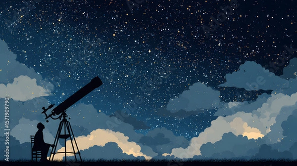 Fototapeta Silhouette of a person observing the night sky through a telescope, under a star-studded sky.