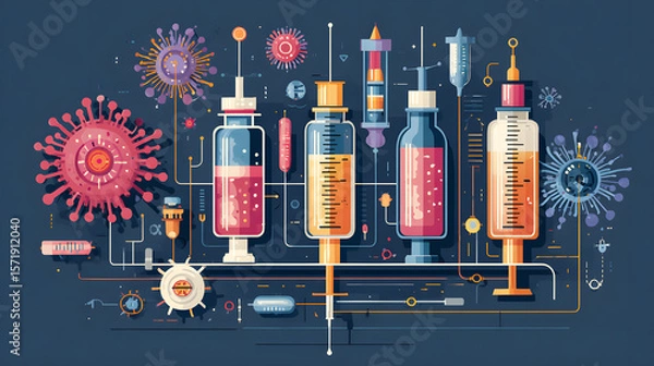 Fototapeta Colorful graphic representation of vaccine production, featuring vials, syringes, and viruses.
