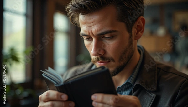 Fototapeta Man Reading Small Book Indoors with Focused Expression and Natural Light
