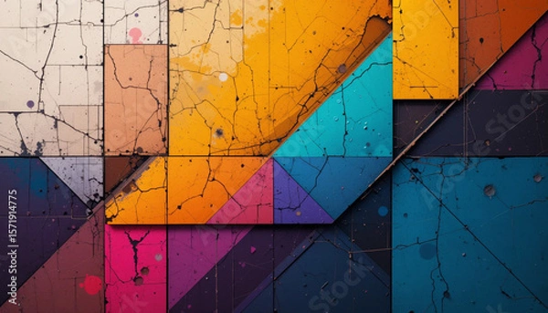 Fototapeta Abstract Geometric Tile Art with Vibrant Colors and Grunge Texture