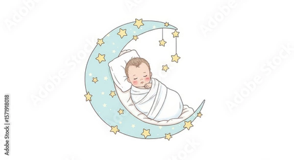 Fototapeta Illustration of a baby sleeping on a crescent moon decorated with stars on a white background