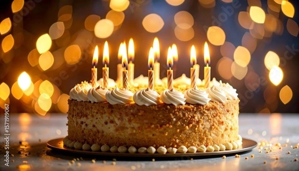 Fototapeta Festive cake with lit candles, soft focus bokeh backdrop