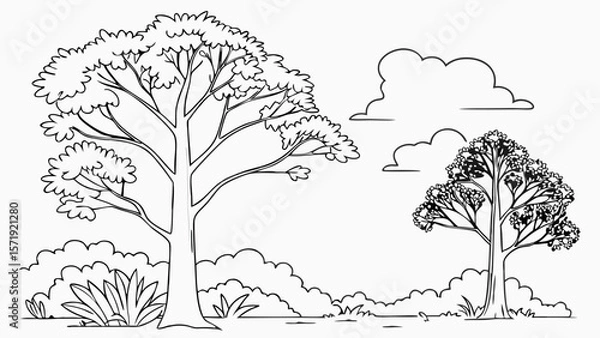 Fototapeta Line Art Nature Scene with Trees and Bushes for Coloring. Black and White Outline Drawing of Landscape.